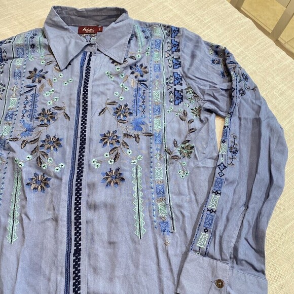 Avani Del Amour Sz Small Embroidered Floral Plaid Shirt Tunic Long Sleeve Button - Picture 7 of 8